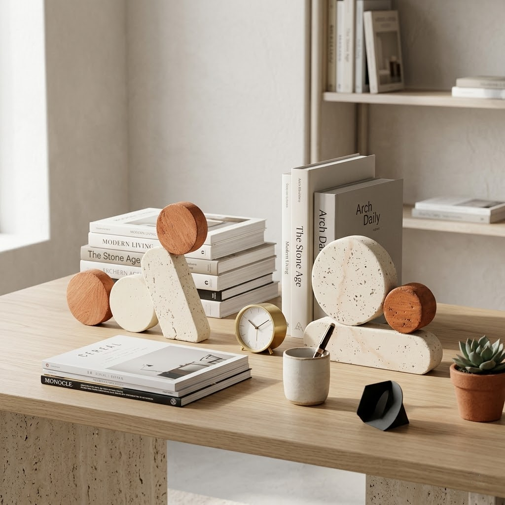 Modern Minimalist Travertine-Style Sculptural Bookend Set