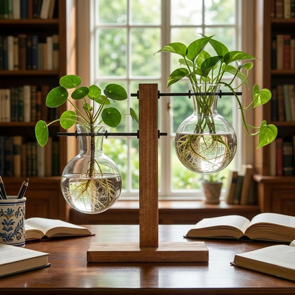 Elegant Nordic Wood and Glass Hydroponic Vase Set
