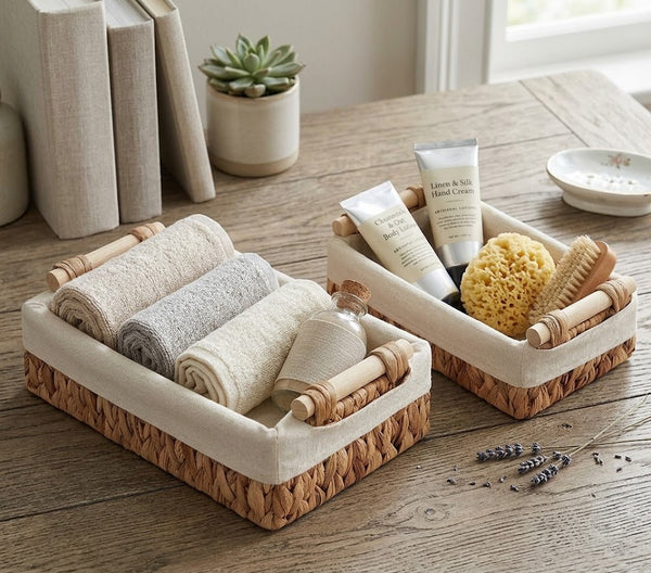 Hand-Woven Pastoral Storage Basket Set with Wooden Handles