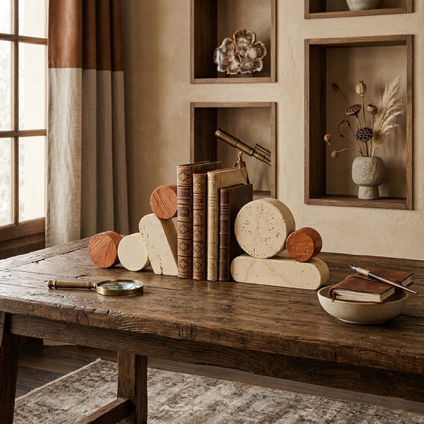 Modern Minimalist Travertine-Style Sculptural Bookend Set